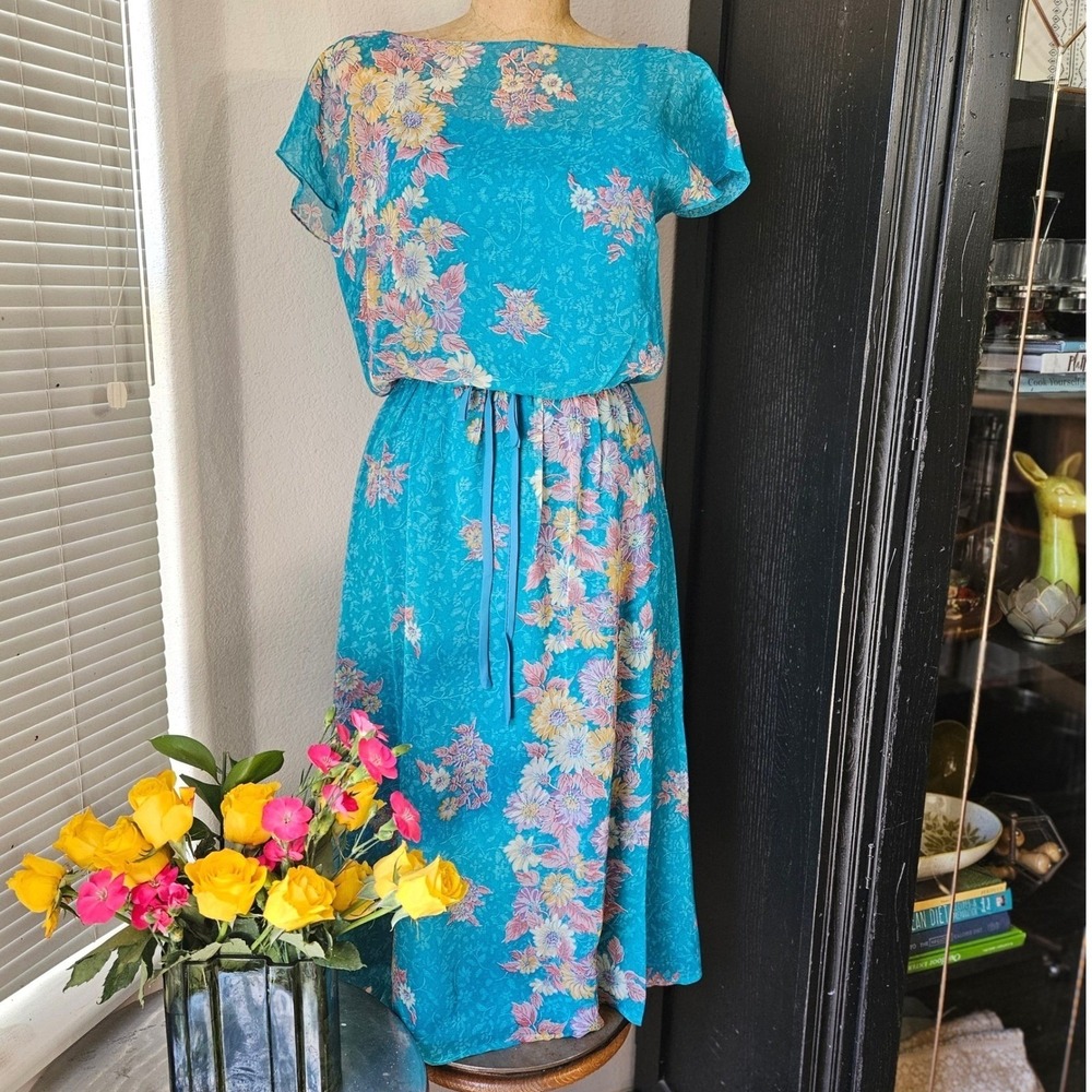 Vintage 70s Floral Midi Dress ILGWU Union Made Sheer Overlay Blue S/M